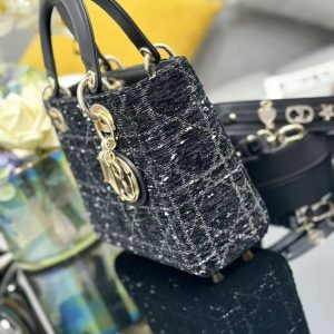 Dior 2026 Lady Dior Bag 20cm Black Gold Tweed Leather