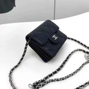 Chanel 2026 Quilted Flap Card Holder with Chain Black Caviar Leather