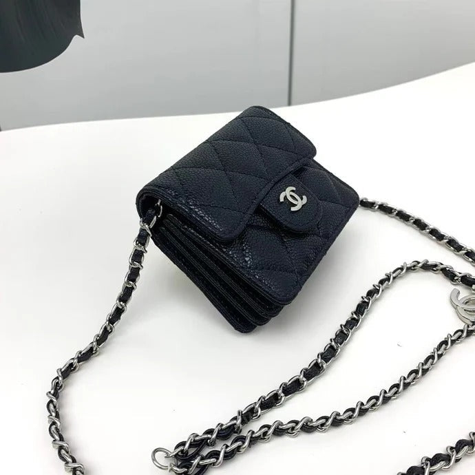 Chanel 2026 Quilted Flap Card Holder with Chain Black Caviar Leather