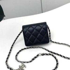 Chanel 2026 Quilted Flap Card Holder with Chain Black Caviar Leather