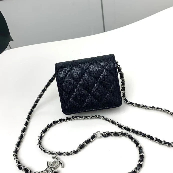 Chanel 2026 Quilted Flap Card Holder with Chain Black Caviar Leather