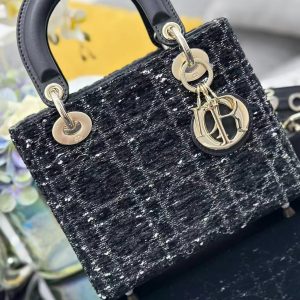 Dior 2026 Lady Dior Bag 20cm Black Gold Tweed Leather