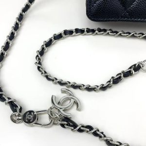 Chanel 2026 Quilted Flap Card Holder with Chain Black Caviar Leather