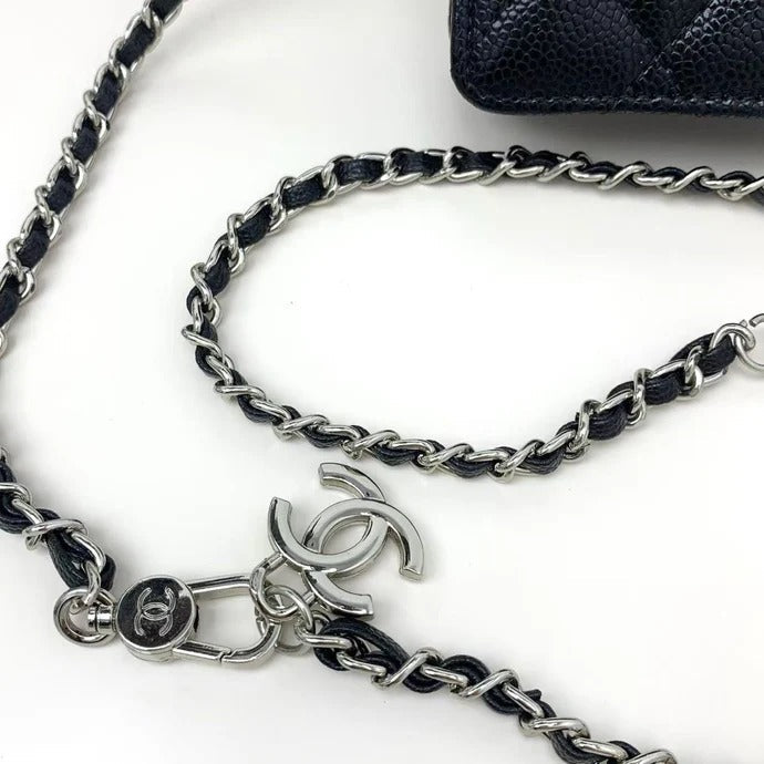 Chanel 2026 Quilted Flap Card Holder with Chain Black Caviar Leather